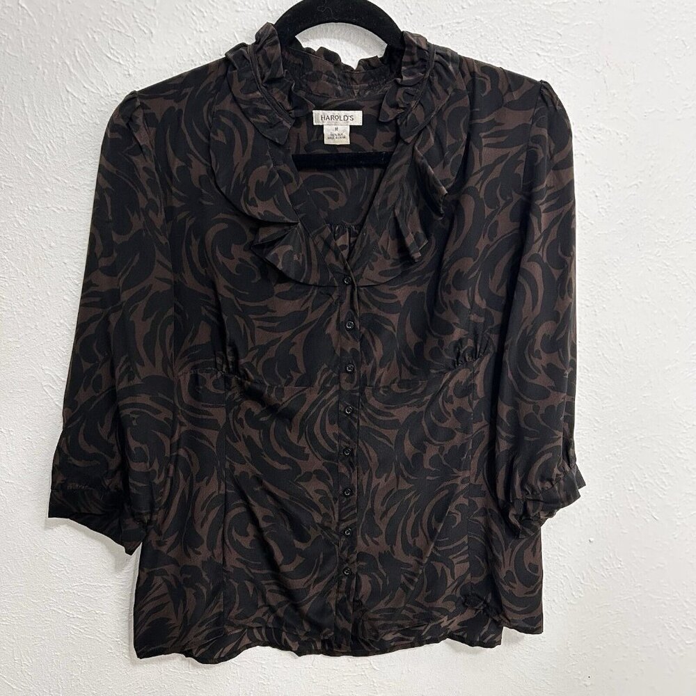Harold's Sz M Brown Black 100% Silk Floral Ruffle Collar Button Up Shirt Blouse